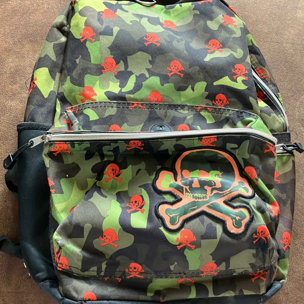 Camouflage Multi-Pocket‎ Backpack with Orange Skull & Crossbones